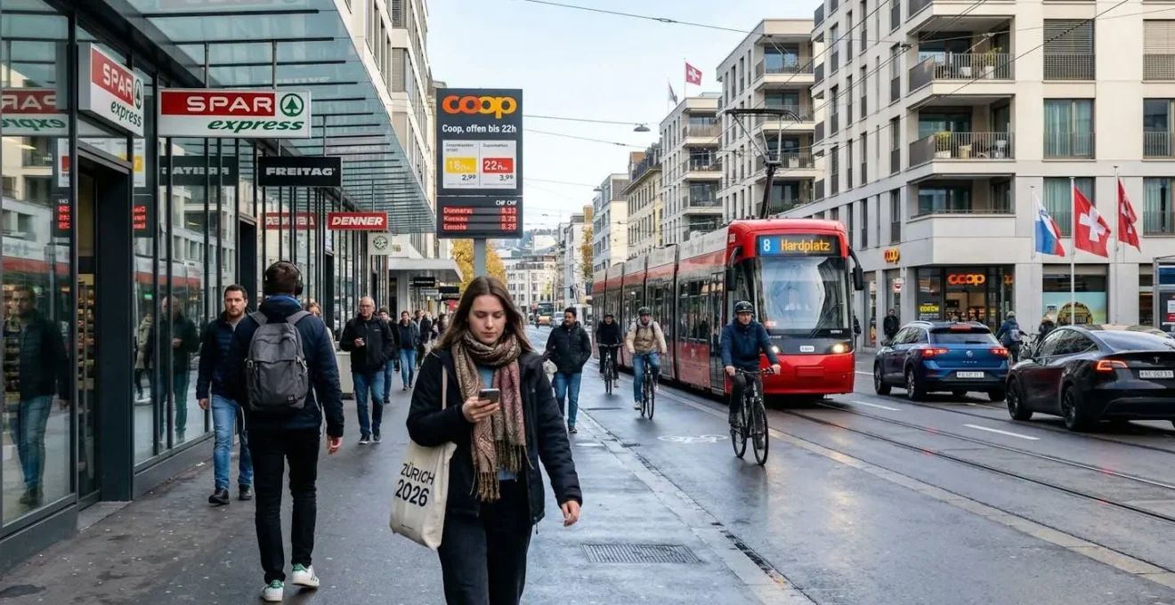 Ein Eigentümer mittleren Alters analysiert Immobilienpreise an einem Laptop in einem modernen Wohnzimmer mit typischer Schweizer Architektur im Hintergrund