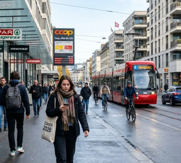 Ein Eigentümer mittleren Alters analysiert Immobilienpreise an einem Laptop in einem modernen Wohnzimmer mit typischer Schweizer Architektur im Hintergrund