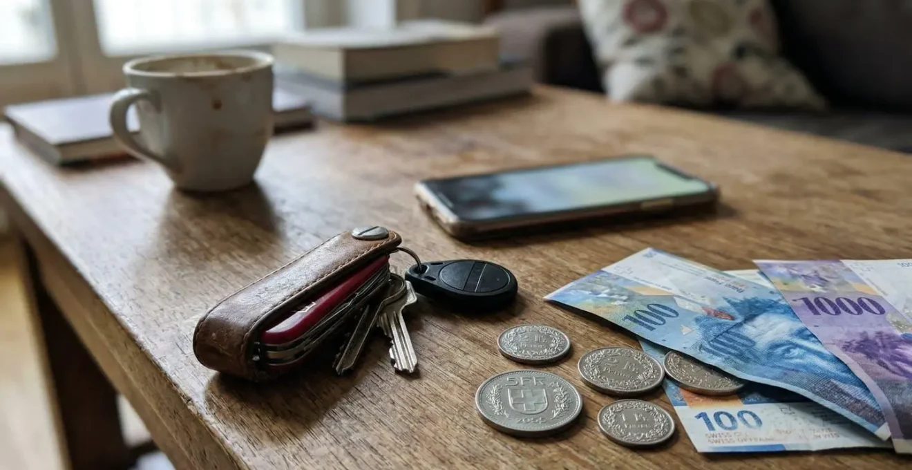 Nahaufnahme einer Hand, die auf ein Tablet mit unscharfem Bildschirm tippt; daneben liegen Schweizer Franken-Noten und Haus- bzw. Wohnungsschlüssel